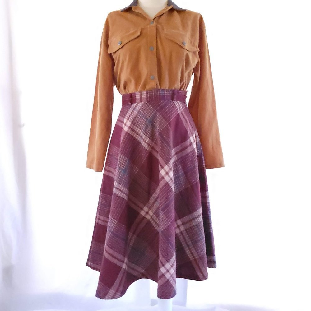 1970s Wool Blend Plaid Circle Skirt, Unknown Brand, Size 4